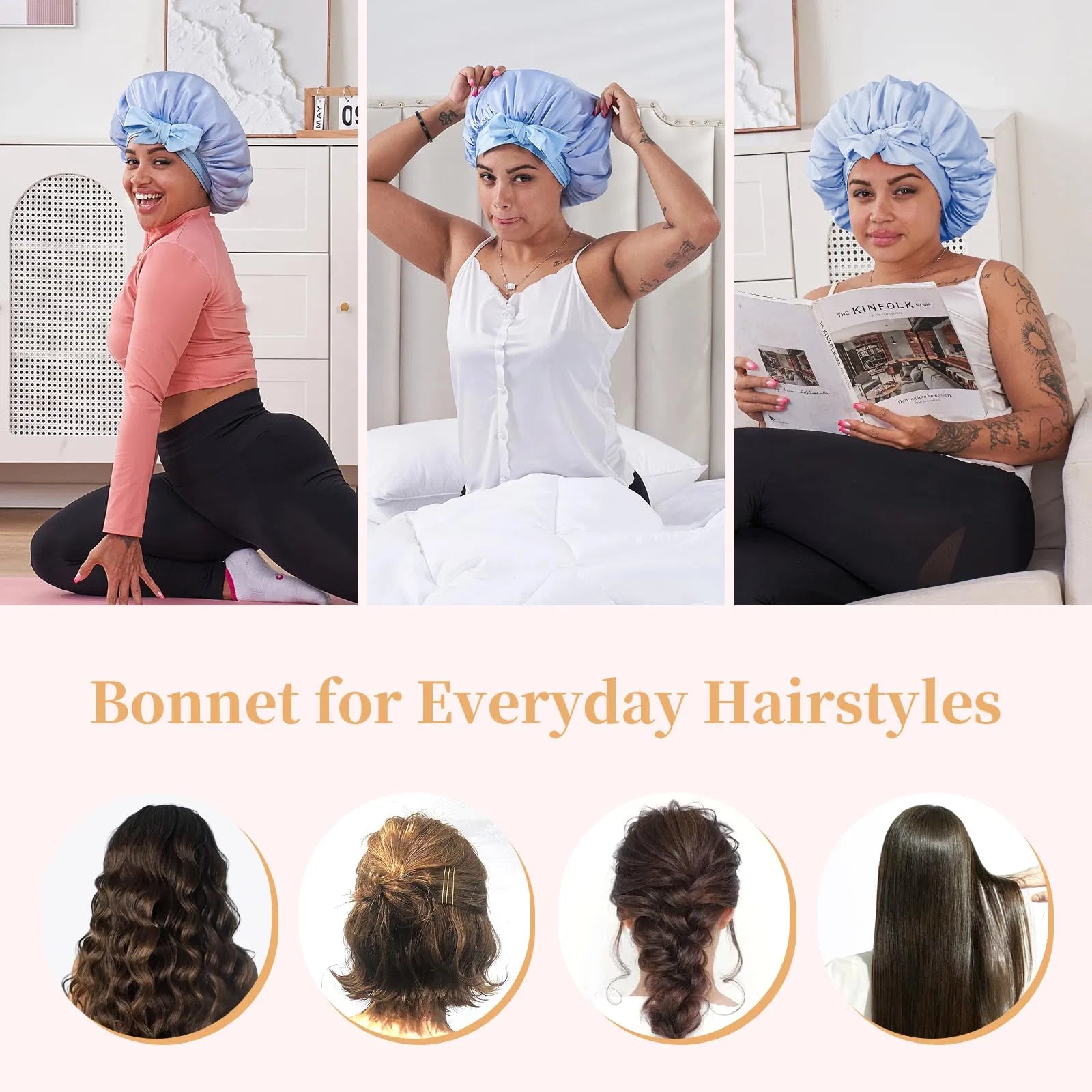 Silk Bonnet For Sleeping Women, Satin Hair Bonnet For Sleeping For Wavy Curly Natural Hair Women Men - Blue